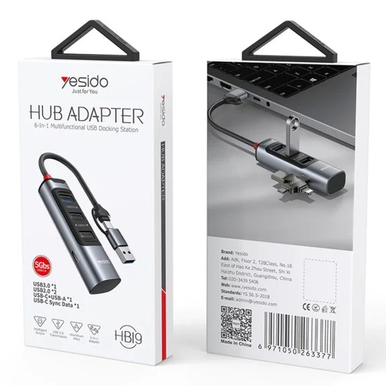 Докинг станция 4 в 1 – Yesido HB19 – USB/Type-C → 3× USB + USB-C, fast charge, 5Gbps – Сив
