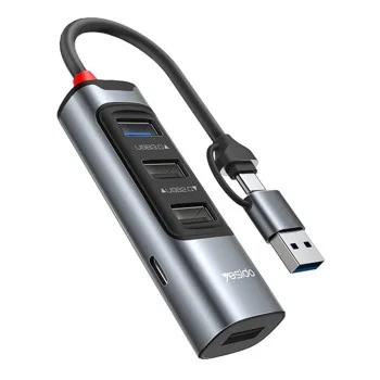 Докинг станция 5 в 1 – Yesido HB20 – USB/Type-C → 4× USB + USB-C, PD100W, fast charge, 5Gbps – Сив