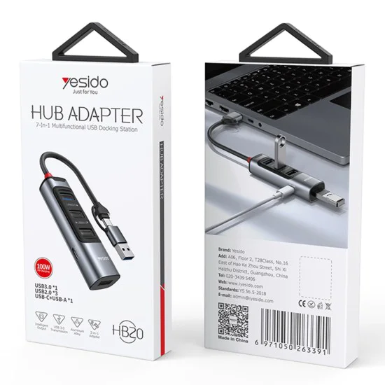 Докинг станция 5 в 1 – Yesido HB20 – USB/Type-C → 4× USB + USB-C, PD100W, fast charge, 5Gbps – Сив