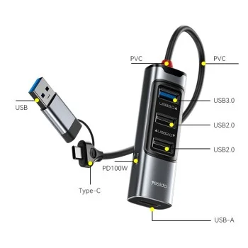 Докинг станция 5 в 1 – Yesido HB20 – USB/Type-C → 4× USB + USB-C, PD100W, fast charge, 5Gbps – Сив