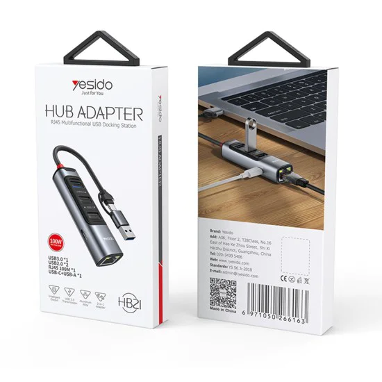 Докинг станция – Yesido HB21 – USB/Type-C → 3× USB + USB-C + RJ45 1000M, PD100W, 5Gbps – Сив