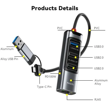 Докинг станция – Yesido HB21 – USB/Type-C → 3× USB + USB-C + RJ45 1000M, PD100W, 5Gbps – Сив