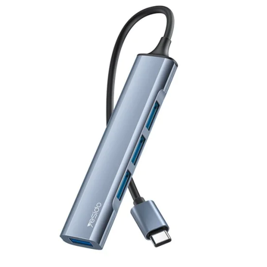 Докинг станция 4в1 – Yesido HB17 – Type-C → 1× USB3.0, 3× USB2.0, Plug&Play, 5Gbps, алуминий – Сива
