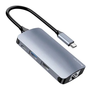 Докинг станция – Yesido HB15 – Type-C → 2× USB, USB-C, SD/TF, RJ45 1000Mbps, Plug&Play – Сива
