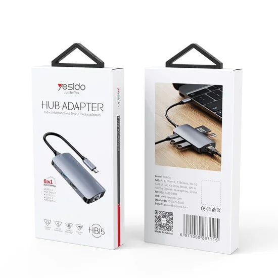 Докинг станция – Yesido HB15 – Type-C → 2× USB, USB-C, SD/TF, RJ45 1000Mbps, Plug&Play – Сива