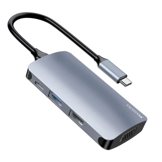 Докинг станция 7в1 – Yesido HB16 – Type-C → USB3.0, 2× USB2.0, TF/SD, VGA, USB-C, 5Gbps, PD100W – Сива