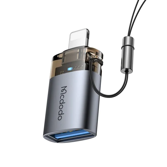 OTG адаптер (OT-7390) - Mcdodo - USB към Lightning, индикаторна светлина, връзка за закачане - Черно