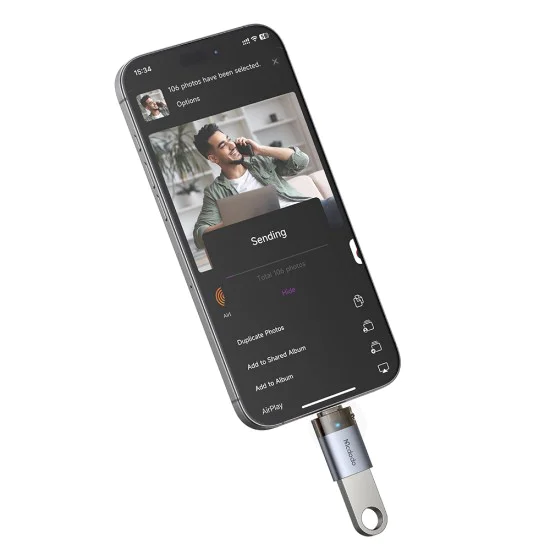 OTG адаптер (OT-7390) - Mcdodo - USB към Lightning, индикаторна светлина, връзка за закачане - Черно