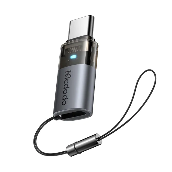 OTG адаптер (OT-7610) - Mcdodo - Lightning към Type-C, 60W, синя светлина, връзка за закачане - Черно