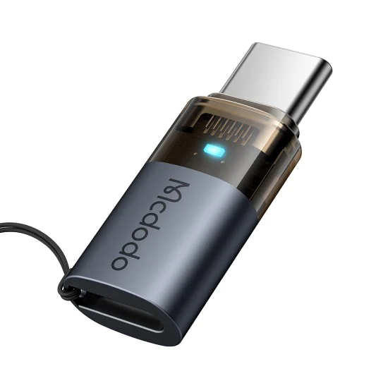 OTG адаптер (OT-7610) - Mcdodo - Lightning към Type-C, 60W, синя светлина, връзка за закачане - Черно