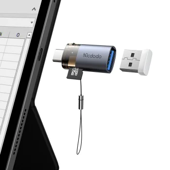 OTG адаптер 2в1 (OT-7600) - Mcdodo - USB към USB-C, вграден четец за карти, 5Gbps - Черно