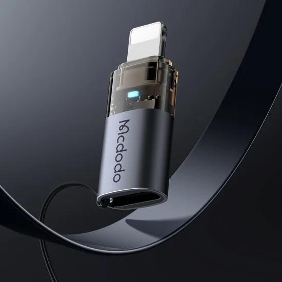 OTG адаптер (OT-7630) - Mcdodo - USB-C към Lightning, 36W, синя светлина, връзка за закачане - Черно
