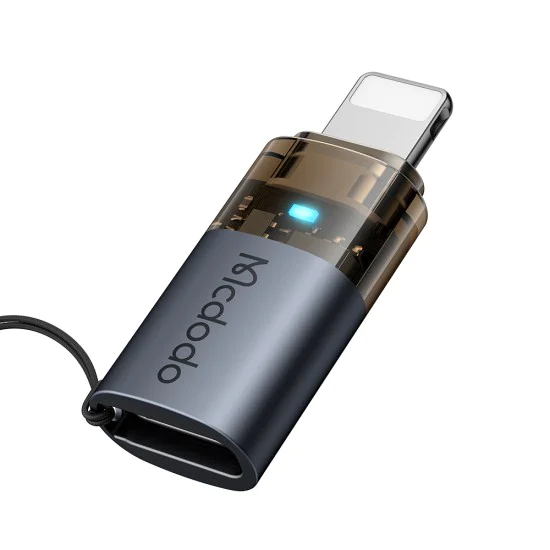 OTG адаптер (OT-7630) - Mcdodo - USB-C към Lightning, 36W, синя светлина, връзка за закачане - Черно