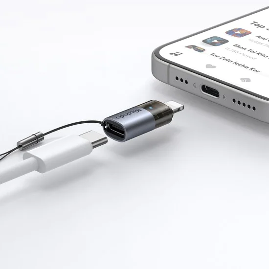 OTG адаптер (OT-7630) - Mcdodo - USB-C към Lightning, 36W, синя светлина, връзка за закачане - Черно