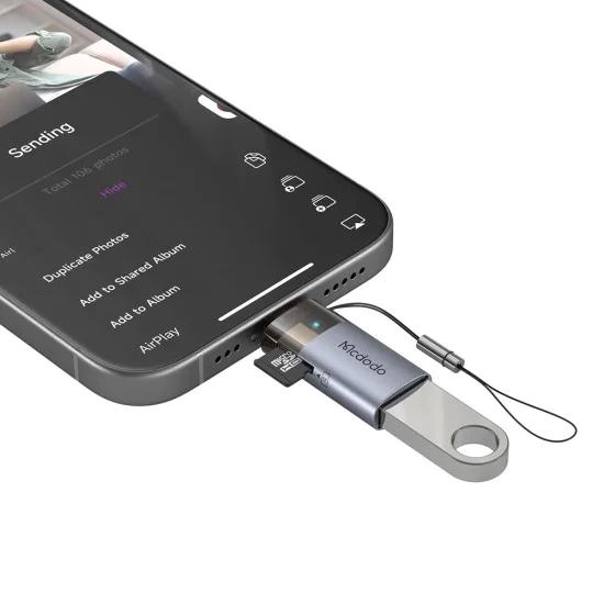 OTG адаптер (OT-7850) - Mcdodo - USB към Lightning, с TF четец за карти, 480Mbps, LED индикатор - Черно