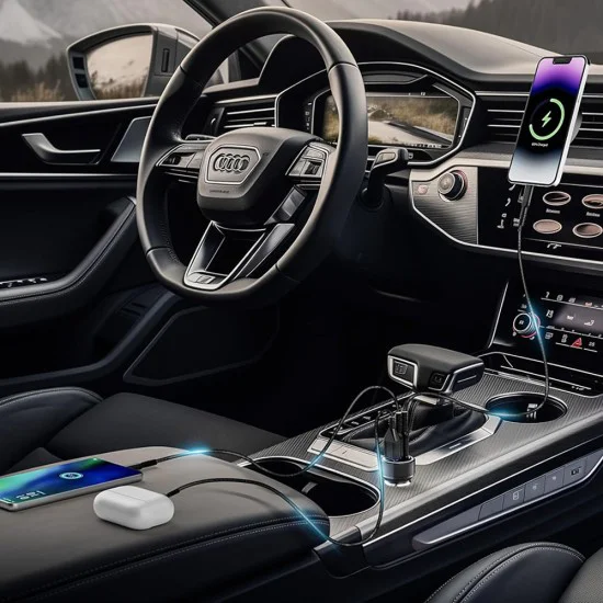 Techsuit - Премиум зарядно за кола DriveBoost (C6) - Бързо зареждане, LED светлина, USB, 2x Type-C 60W, 5V/3A, Алуминиева сплав - Сребристо