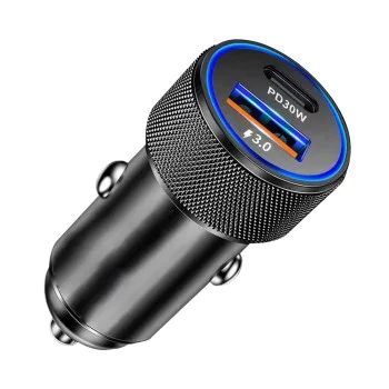 Techsuit - Премиум зарядно за кола VoltDuo (C2) - с LED светлина, USB QC 3.0, Type-C PD30W, 5V/3A, ABS, Метал - Черен