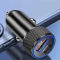 Techsuit - Премиум зарядно за кола VoltDuo (C2) - с LED светлина, USB QC 3.0, Type-C PD30W, 5V/3A, ABS, Метал - Черен