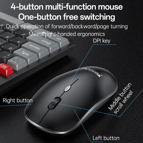 Комплект клавиатура + мишка – Yesido Wireless Keyboard and Mouse Set (KB43) – 2.4GHz, 104 клавиша, DPI 800/1000/1600 – Черен