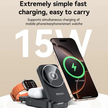 Зарядна станция 3 в 1 – Yesido Wireless Charging Station (DS27) – за iPhone, Apple Watch, AirPods, Магнитна, Сгъваема – Черен