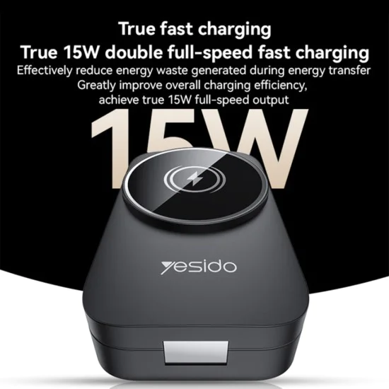 Зарядна станция 3 в 1 – Yesido Wireless Charging Station (DS27) – за iPhone, Apple Watch, AirPods, Магнитна, Сгъваема – Черен