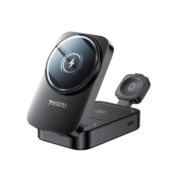 Зарядна станция 3 в 1 – Yesido Wireless Charging Station (DS27) – за iPhone, Apple Watch, AirPods, Магнитна, Сгъваема – Черен