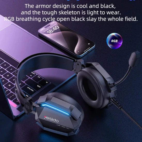 Игрови слушалки – Yesido Wired Headphones (EK03) – 3.5mm жак + USB, микрофон, LED светлини, 2m – Черни