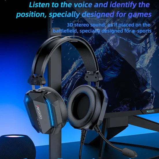 Игрови слушалки – Yesido Wired Headphones (EK03) – 3.5mm жак + USB, микрофон, LED светлини, 2m – Черни
