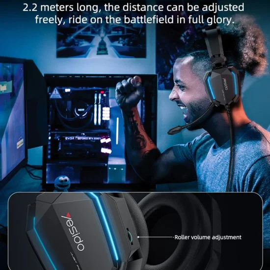 Игрови слушалки – Yesido Wired Headphones (EK03) – 3.5mm жак + USB, микрофон, LED светлини, 2m – Черни