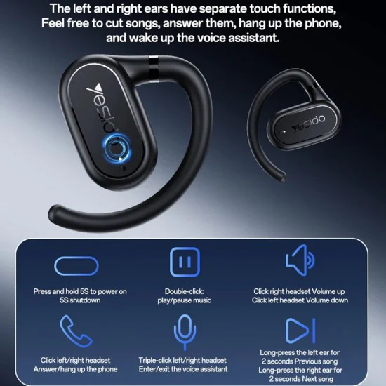 Безжични слушалки – Yesido Wireless Earbuds (YSP25) – Bluetooth V5.3, open-ear дизайн, IP54, 600mAh – Черни