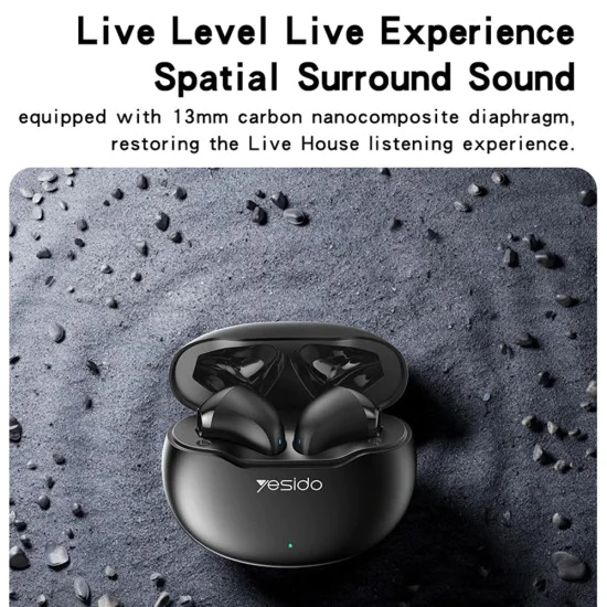 Безжични слушалки – Yesido Wireless Earbuds (TWS21) – Bluetooth V5.3, полу-в ухо, тъч контрол, шумопотискане, 320mAh – Черни