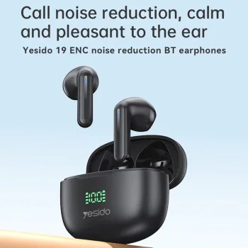 Безжични слушалки – Yesido Wireless Earbuds (TWS19) – ENC, тъч контрол, Bluetooth V5.3, LED дисплей, полу-в ухо, 470mAh – Черни