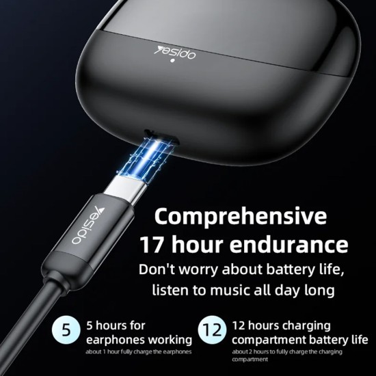 Безжични слушалки (TWS26) - Yesido - Стерео, с микрофон, Bluetooth, 13мм говорител, тапи, 250mAh - Черно