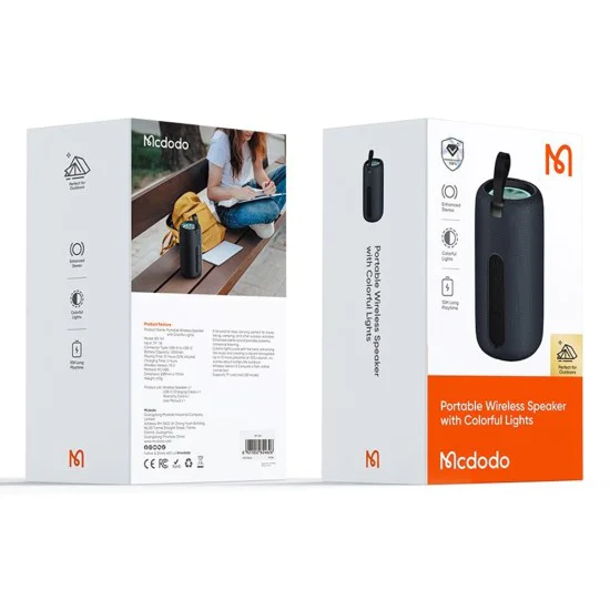 Преносим безжичен високоговорител – Mcdodo (BS-1410) – цветни светлини, Bluetooth 5.3, 1200mAh, IPX4 – Черен
