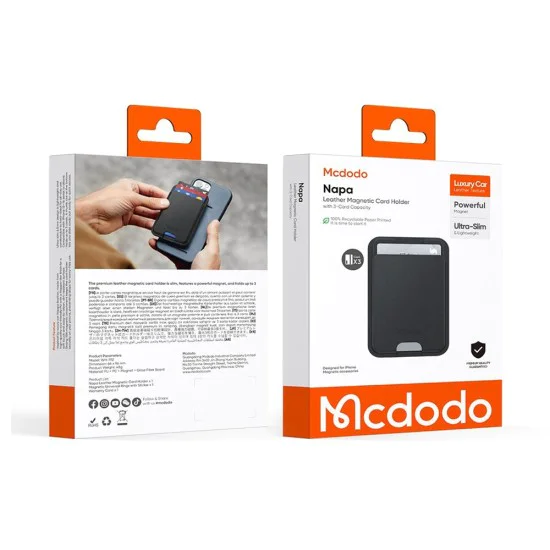 Магнитен държач за карти Napa Series – Mcdodo (WH-7920) – капацитет 3 карти, кожена текстура, ултратънък – Черен