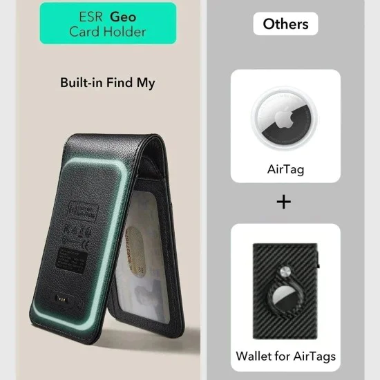 ESR - Класически джоб за карти Geo - Веган кожен портфейл, за 11 карти и пари в брой, функция „Намери ми“, RFID блокиране - въглеродни влакна