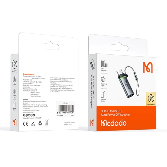 Адаптер Auto Power Off (OT-2450) - Mcdodo - Type-C към Type-C, PD 100W, автоматично изключване - Черно