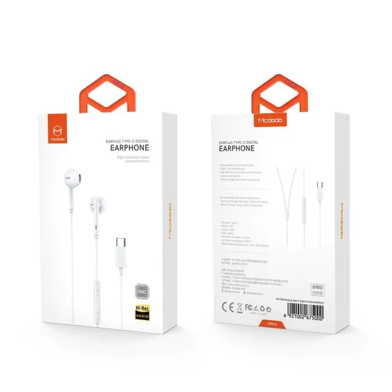 Жични слушалки – Mcdodo (HP-7500) – контрол на звука, Type-C, DAC чип, Hi-Res, 1.2m – Бели