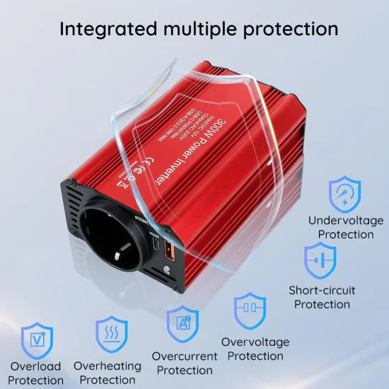 Techsuit - Автомобилен инвертор FlexiCarVolt (IA1) - Type-C, USB-A, Джобен контакт, PD65W, 300W - Червен
