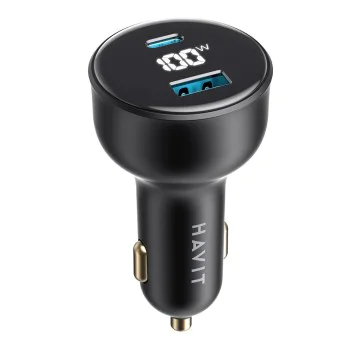 Havit - Зарядно за кола (CC100W) - USB, Type-C, PD100W, PC, с цифров дисплей - Черно