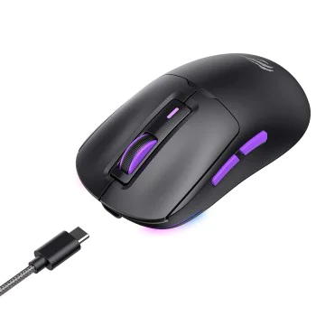 Havit - Безжична геймърска мишка (MS969WB) - 1000 - 16000DPI, LED светлини, 150mAh, 1.6m, 5V - Черна / Лилава