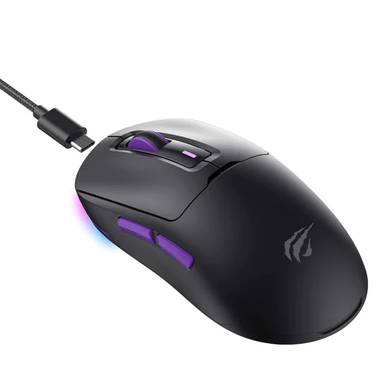 Havit - Безжична геймърска мишка (MS969WB) - 1000 - 16000DPI, LED светлини, 150mAh, 1.6m, 5V - Черна / Лилава