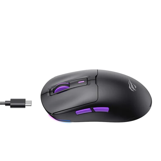 Havit - Безжична геймърска мишка (MS969WB) - 1000 - 16000DPI, LED светлини, 150mAh, 1.6m, 5V - Черна / Лилава