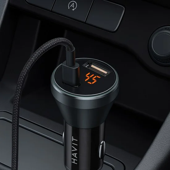 Havit - Зарядно за кола (CC2017) - Type-C, USB, 45W, 3A, Видим вътрешен структурен дизайн - Черно/Синьо