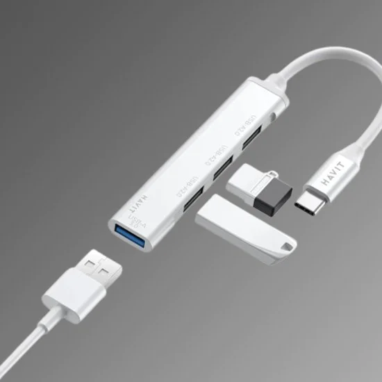 Havit - Докинг станция (HB41) - USB 3.0, 3x USB 2.0, дължина на кабела 11.8 см, алуминиева сплав - сребриста