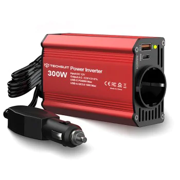 Techsuit - Автомобилен инвертор FlexiCarVolt (IA1) - Type-C, USB-A, Джобен контакт, PD65W, 300W - Червен