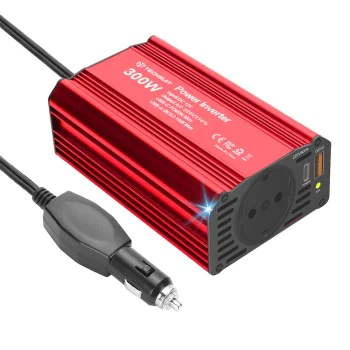 Techsuit - Автомобилен инвертор FlexiCarVolt (IA1) - Type-C, USB-A, Джобен контакт, PD65W, 300W - Червен