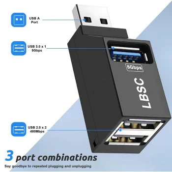 Techsuit - Мини докинг станция EchoLink 3 в 1 (H11) - USB към 2x USB 2.0, 1x USB 3.0, 5Gbps - Черна