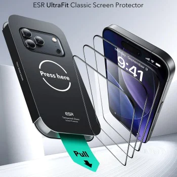 Протектор за iPhone 17 Pro - ESR - Tempered Glass UltraFit (3 броя) - Черен