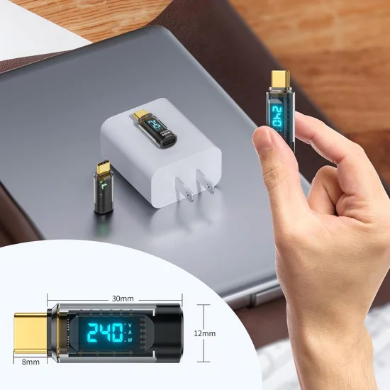 Адаптер – Techsuit DataBoost (A23) – USB-C, LED дисплей, 40Gbps, 8K@60Hz, PD240W – Сив